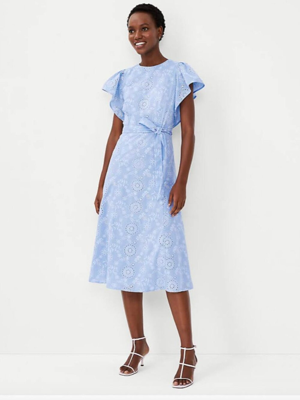 Ann Taylor Petite Eyelet Flutter Sleeve Belted Midi Dress